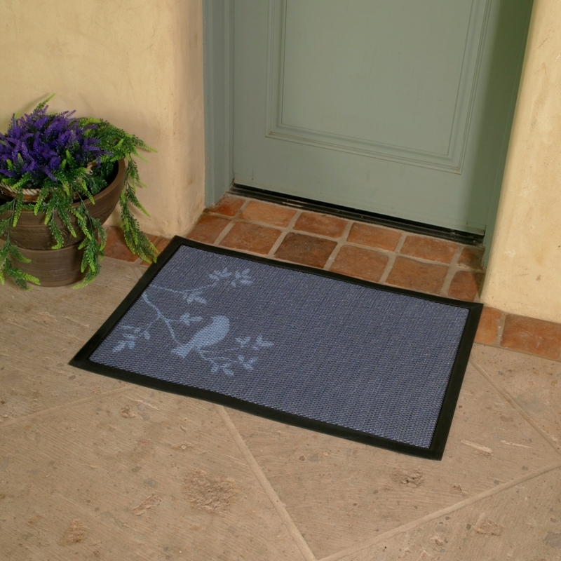 Doormat Blue Bird Motif Bird Silhouette Woven Texture Rubber Border