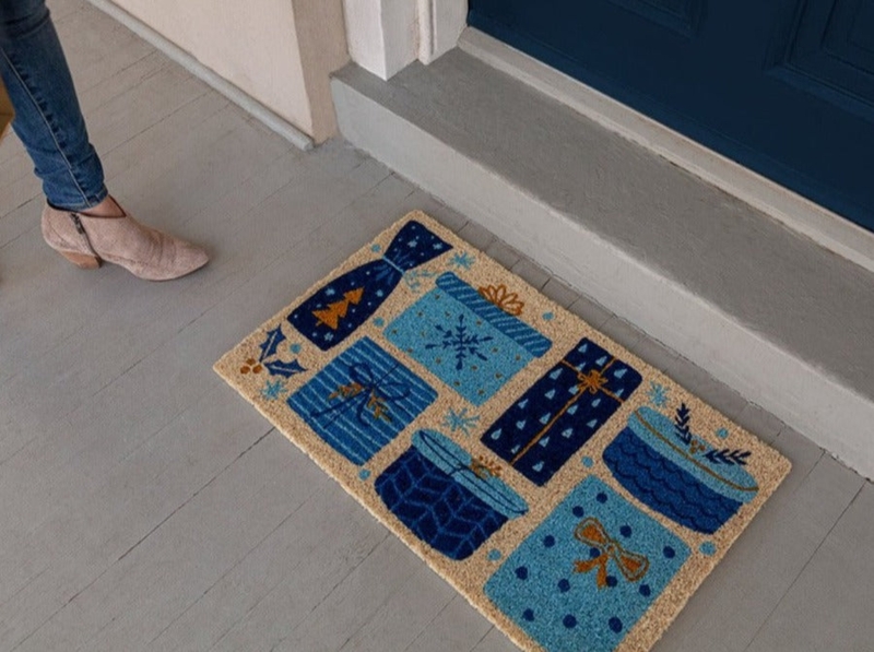Doormat Blue Gift Pattern Natural Coir Blue Presents Holiday Doormat