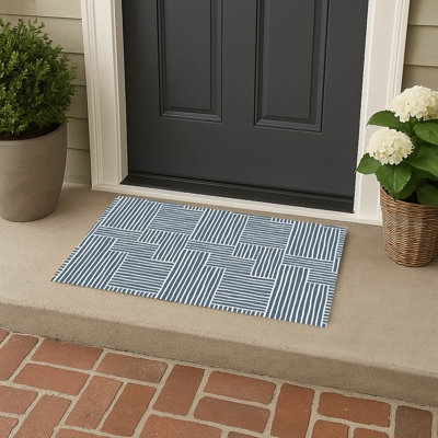 Doormat, Blue Grid, Low Profile, Geometric, Coastal Porch Mat