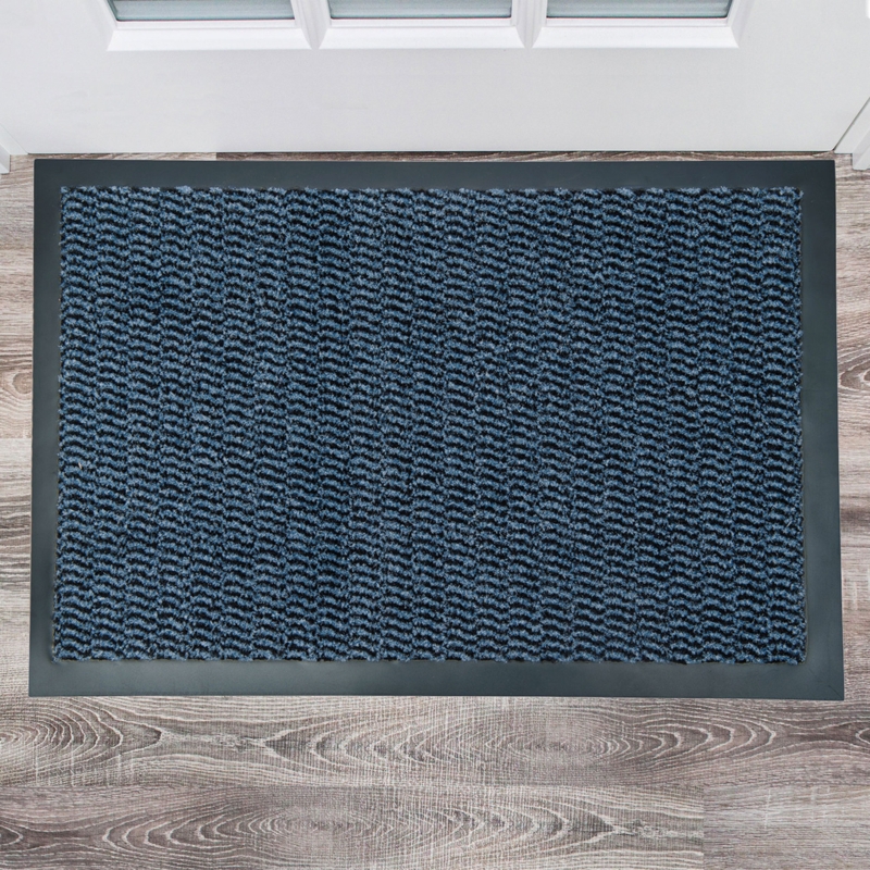 Doormat Blue Ribbed Surface Anti Slip Border Low Profile Entrance Rug