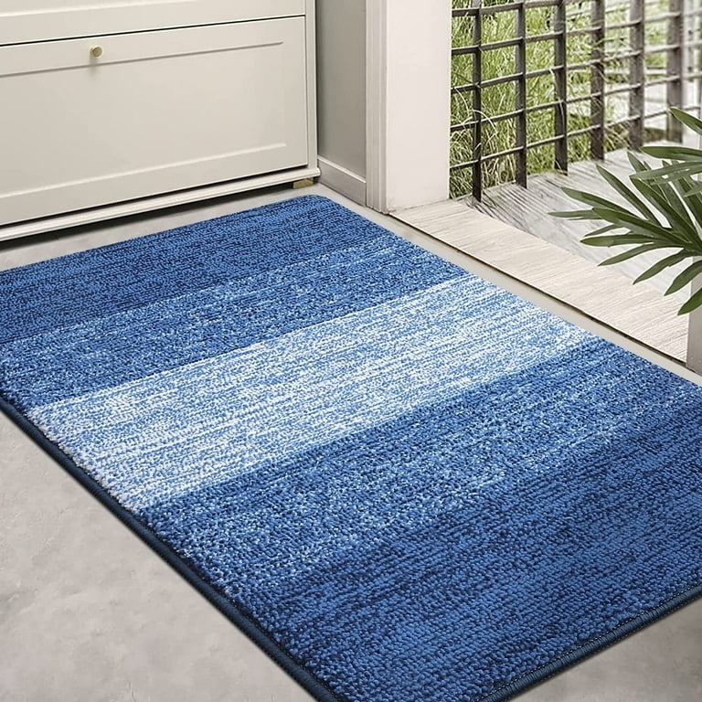 Doormat Blue Striped Pattern Looped Nubby Texture Absorbent
