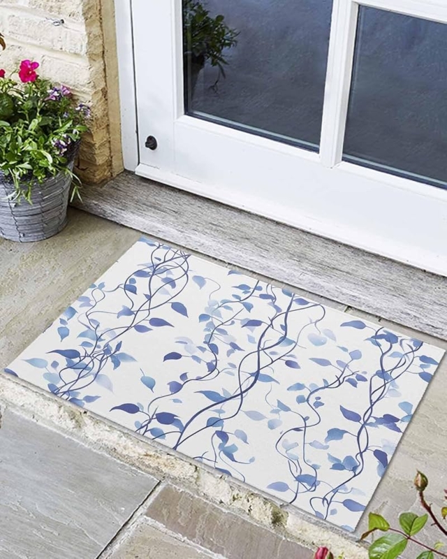 Doormat Blue Vines Pattern Watercolor Effect Low Profile Entryway Decor