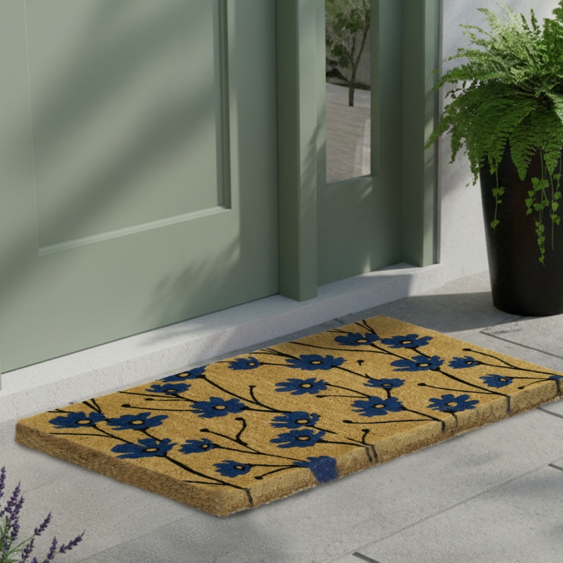 Doormat Blue Wildflower Print Coir Texture Botanical Outdoor Mat