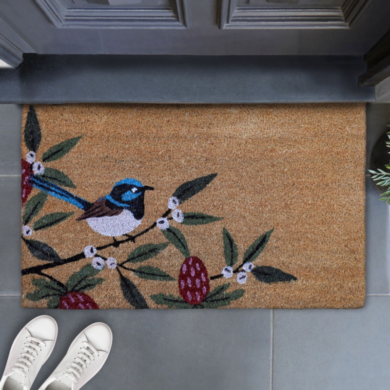 Doormat Blue Wren Print Botanical Detail Natural Coir Texture Cottagecore