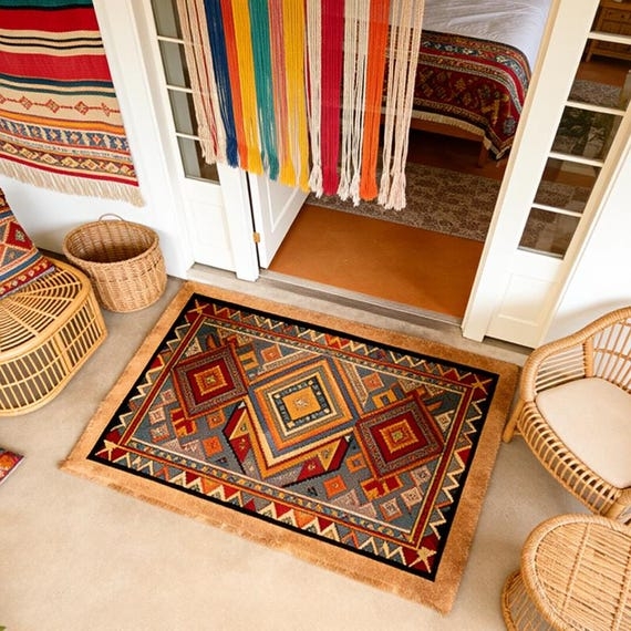 Doormat Bohemian Tribal Pattern Tan Border Woven Texture