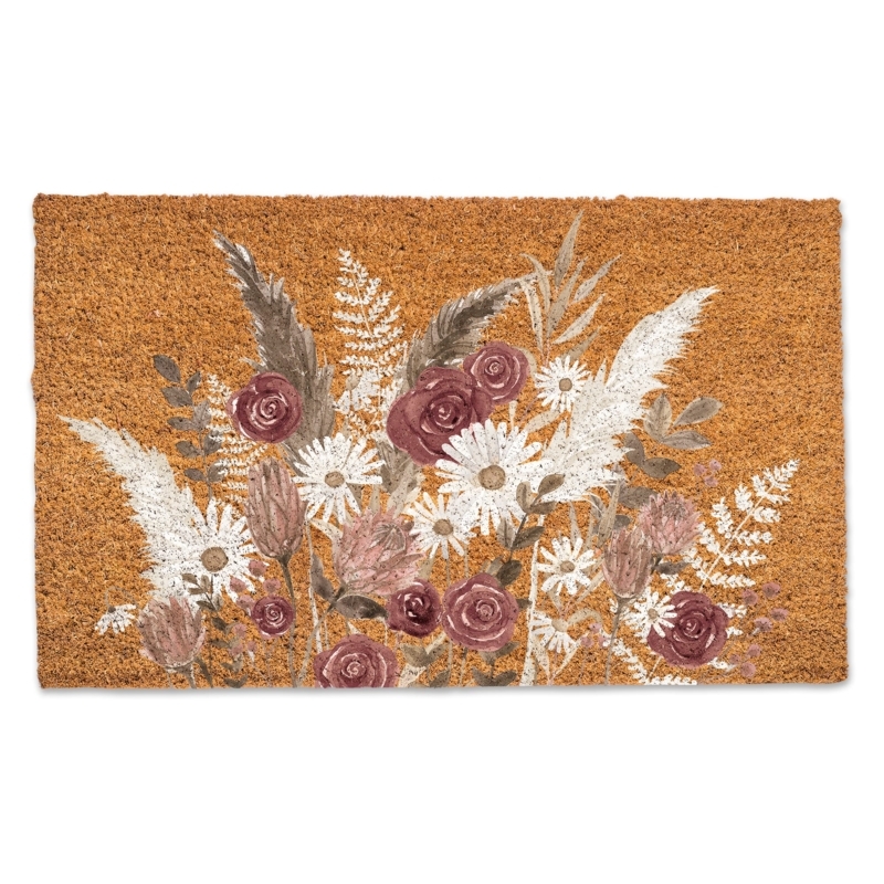Doormat: Boho Mauve Rose Print Botanical Motif Coarse Coir Porch Decor