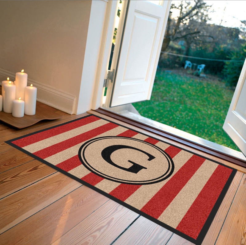 Doormat Bold Red Stripes Central Monogram G Black Border Classic Decor