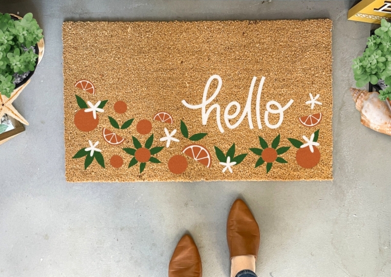 Doormat Botanical Citrus Print Hello Script Botanical Print Door Mat