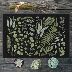 Doormat Botanical Illustrations Black Base Sage Green Fern Motifs