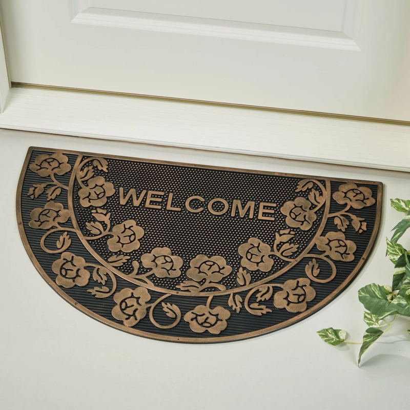 Doormat Bronze Floral Overlay Half Moon Rubber Welcome