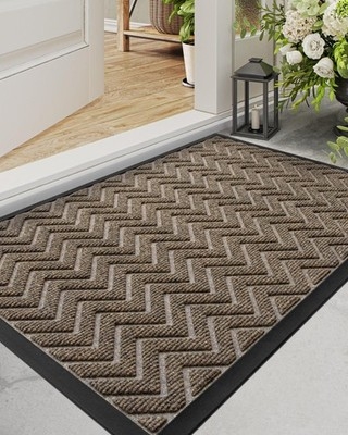 Doormat, Brown Chevron Pattern Ribs, Rubber Perimeter, Modern