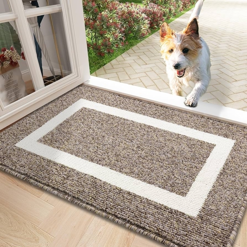 Doormat Brown Cream Border Woven Texture Low Profile