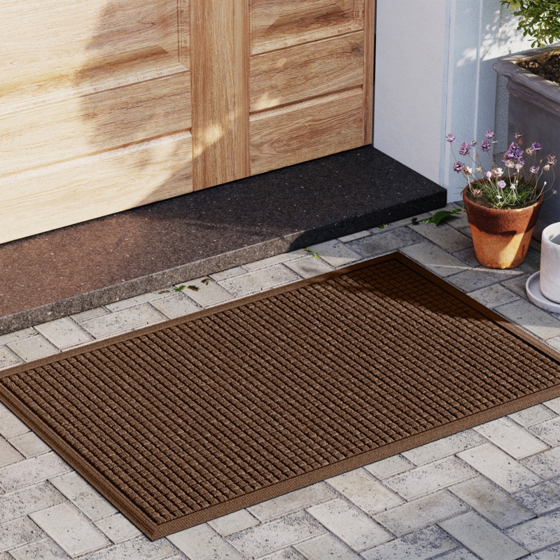 Doormat Brown Cube Pattern Raised Grid Border Synthetic Fiber