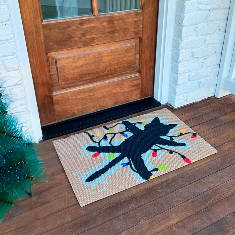 Doormat Cat Tangled In Lights, Holiday Humor, Funny Cat Christmas Doormat