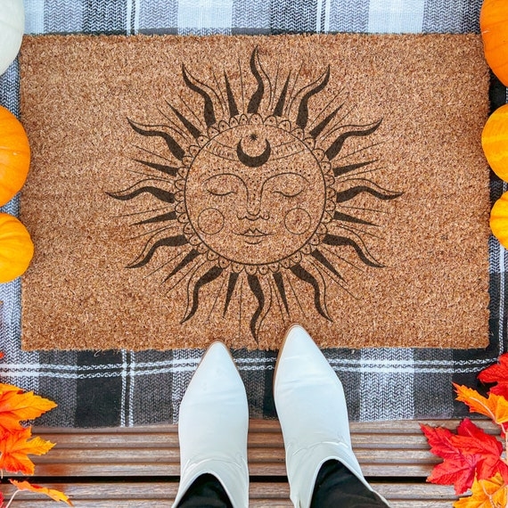 Doormat Celestial Sun Graphic Serene Face Bohemian Style Coir