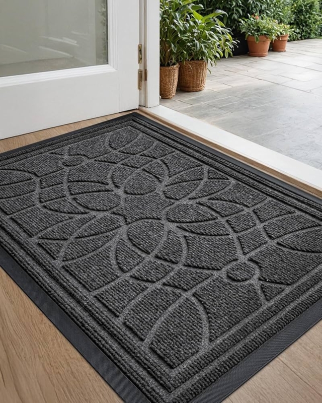 Doormat Charcoal Grey Geometric Floral Relief, Low Profile Entryway Mat.