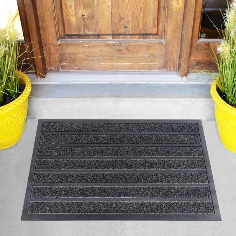 Doormat Charcoal Horizontal Stripes Ribbed Heavy Duty Border Outdoor