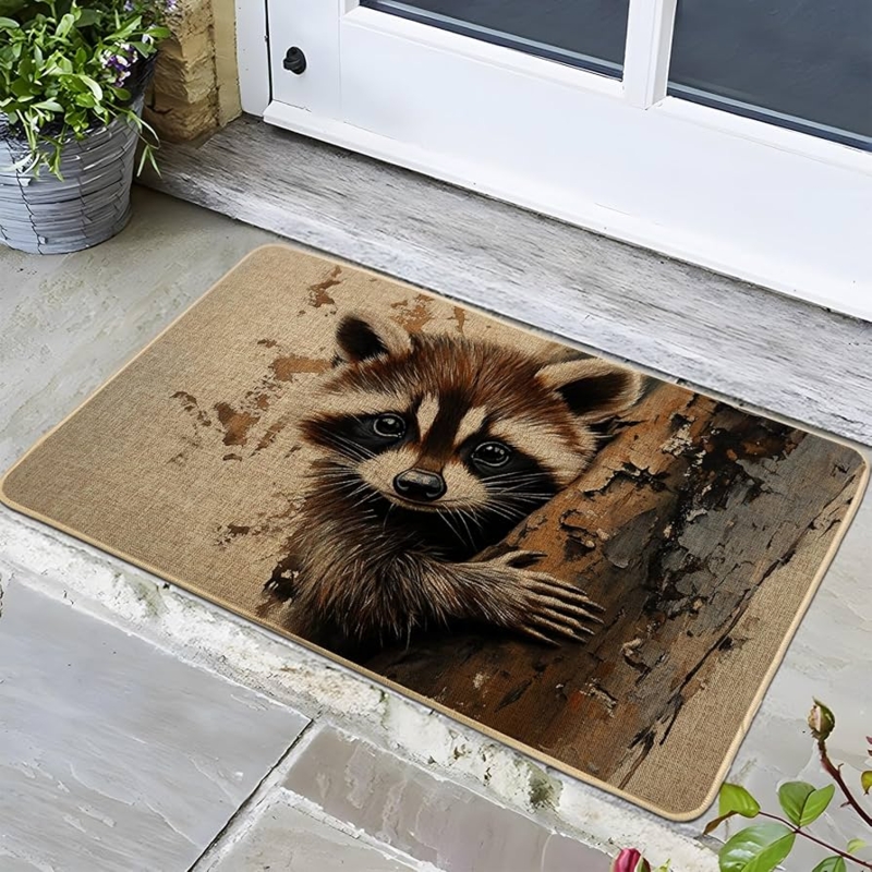 Doormat Charming Raccoon Motif Rustic Woodland Porch Decor Low Profile