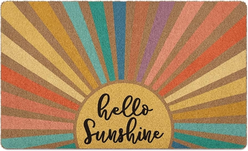 Doormat Cheerful Hello Sunshine Script Multi Colored Sunburst Coir