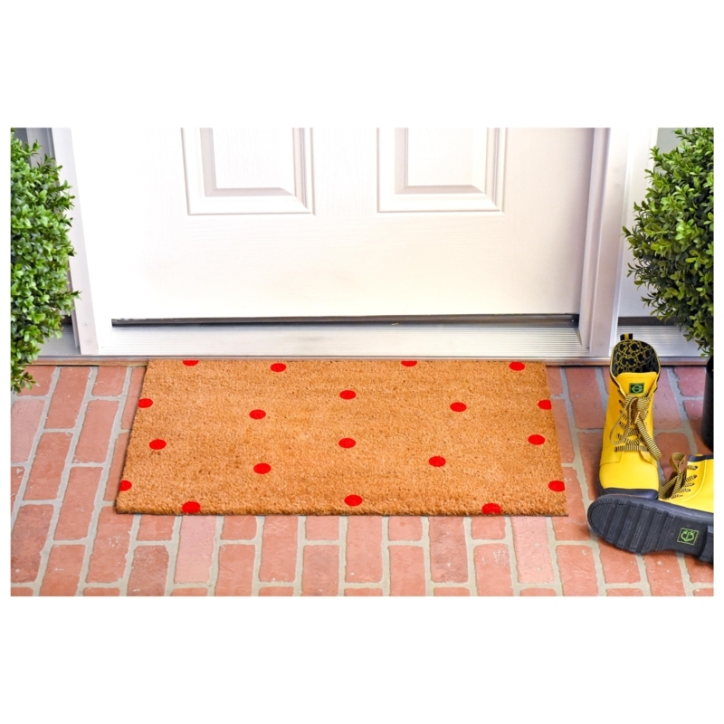 Doormat Cheerful Red Polka Dots Tan Coir Classic Brick Porch Decor