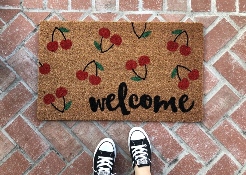Doormat Cherry Pattern Script Font Coir Playful Cottagecore