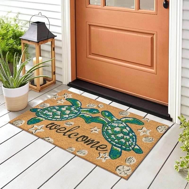 Doormat Coastal Sea Turtle Design Cursive Welcome Script Coir Teal