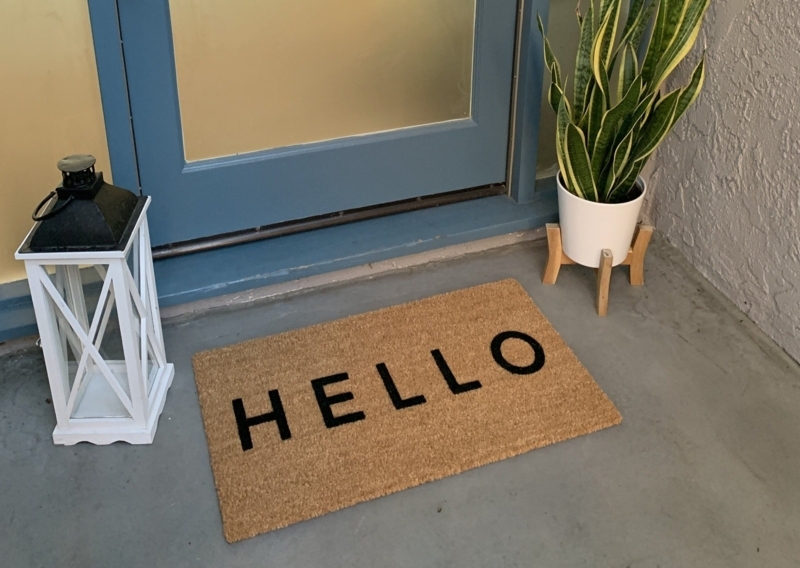 Doormat, Coir Look, Bold Block Hello Text, Modern Minimalist, Tan.