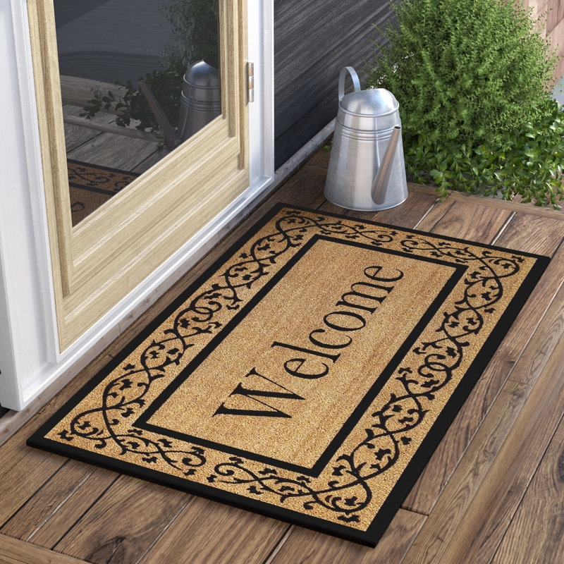 Doormat Coir Look Classic Black Scrollwork Border Welcome Text