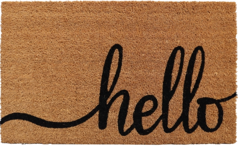 Doormat, Coir, Matte Cursive Hello Script, Modern Farmhouse, Natural Tan.