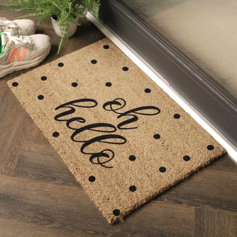 Doormat Coir Oh Hello Script Polka Dot Border Playful Decor