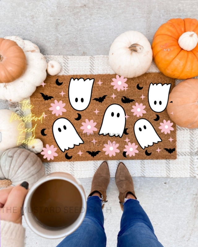 Doormat Coir Pink Floral Halloween Motif Ghost Pattern Whimsical Decor