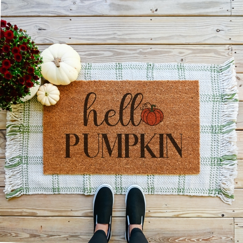Doormat, Coir, Seasonal Autumn Hello Pumpkin, Plaid Pattern Base Layer.