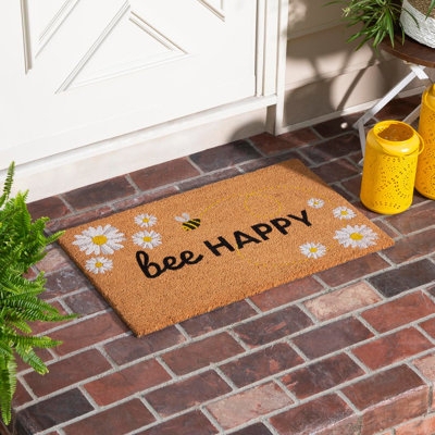 Doormat Coir Texture Bee Pun Daisy Motif Cottage Style