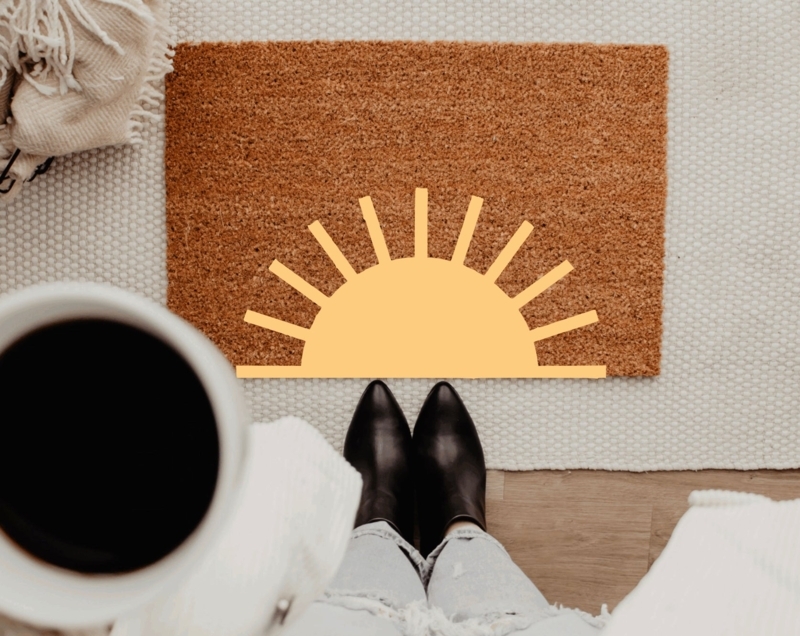 Doormat Coir Texture Layered Rug Look Minimalist Sun Graphic Yellow