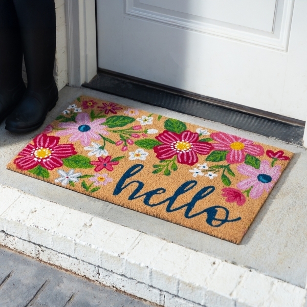 Doormat, Coir, Vibrant Pink Floral Pattern, Navy Hello Script, Whimsical.