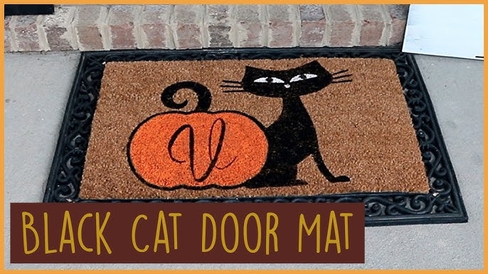 Doormat Coir with Scrollwork Tray Personalized Pumpkin Black Cat Decor