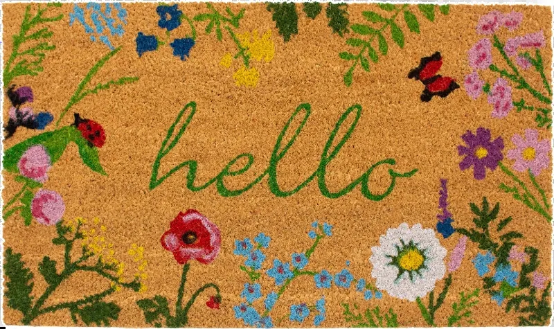 Doormat Colorful Floral Border, Script Hello Greeting, Botanical Style