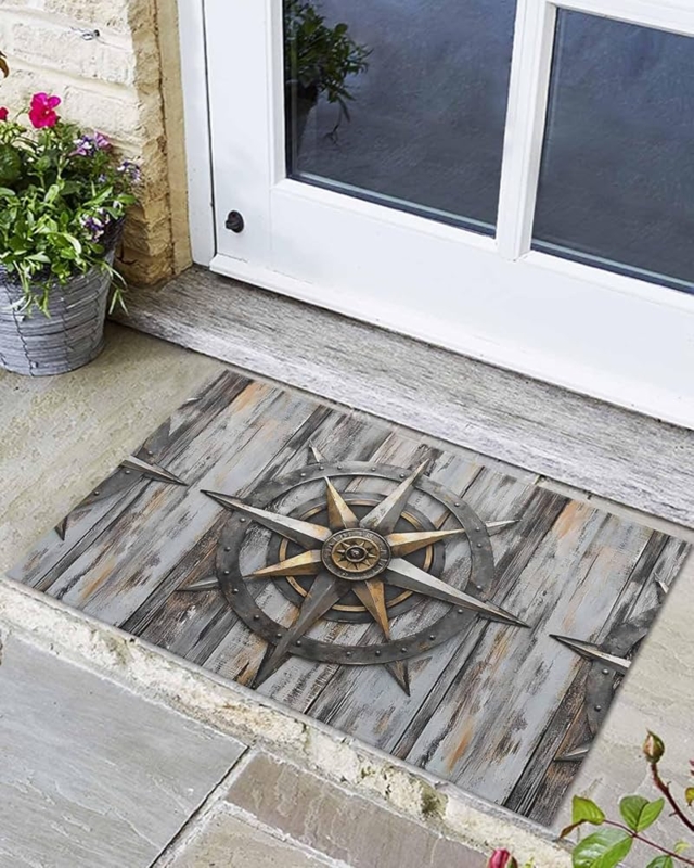 Doormat Compass Rose Design Weathered Wood Look Nautical