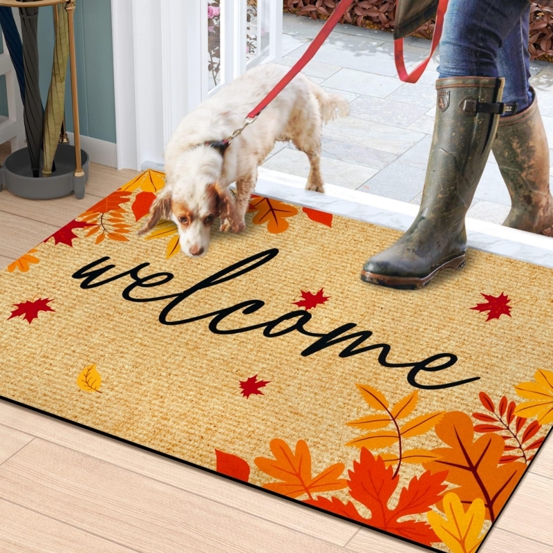 Doormat, Cursive "Welcome" Text, Vibrant Maple Leaf Border, Coir Texture
