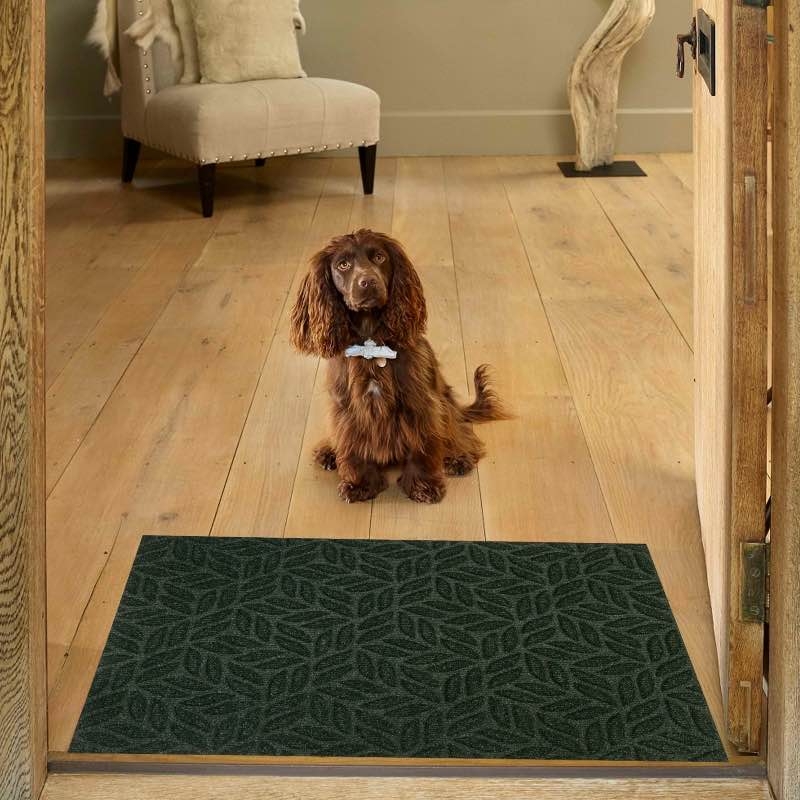 Doormat Dark Green Embossed Leaf Motif Low Profile Nature Inspired