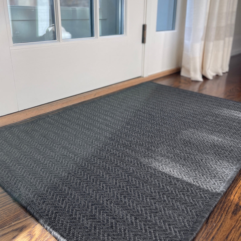 Doormat Dark Grey Herringbone Weave Low Profile Woven Rug