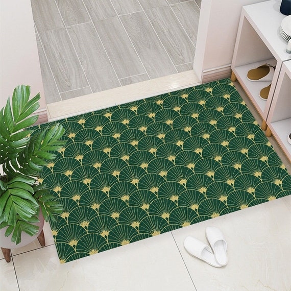 Doormat Deep Green Gold Fan Pattern Art Deco Entryway styling