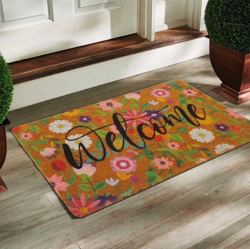 Doormat Dense Botanical Print Cursive Welcome Coir Spring Porch Decor