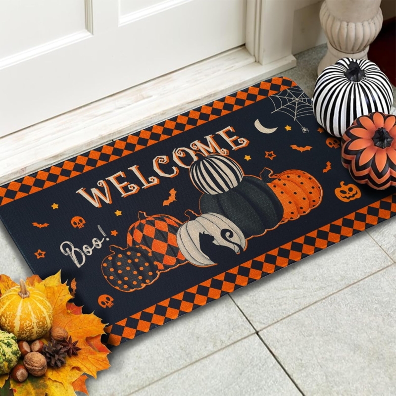 Doormat Diamond Check Border Patterned Pumpkins Festive Welcome Mat