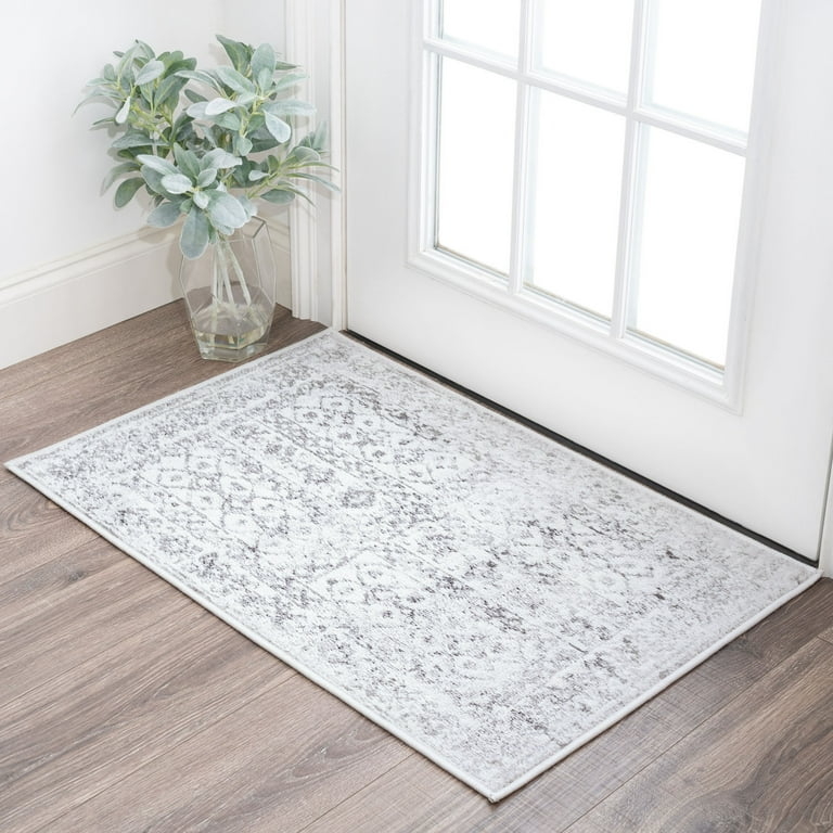 Doormat Distressed Gray Entryway Persian Motif Low Pile Finished