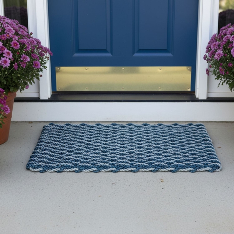 Doormat Double Weave Nautical Rope Navy Silver Coastal Durable Texture