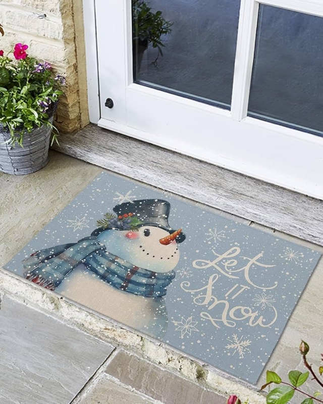 Doormat Dusty Blue Snowman Illustration Whimsical Low Profile