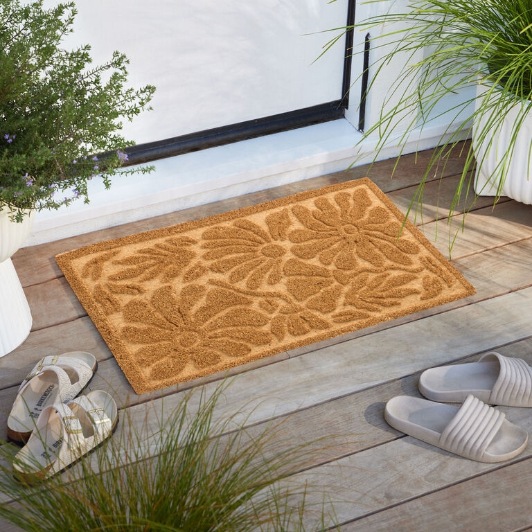 Doormat Embossed Floral Motif Natural Coir Modern Boho Style