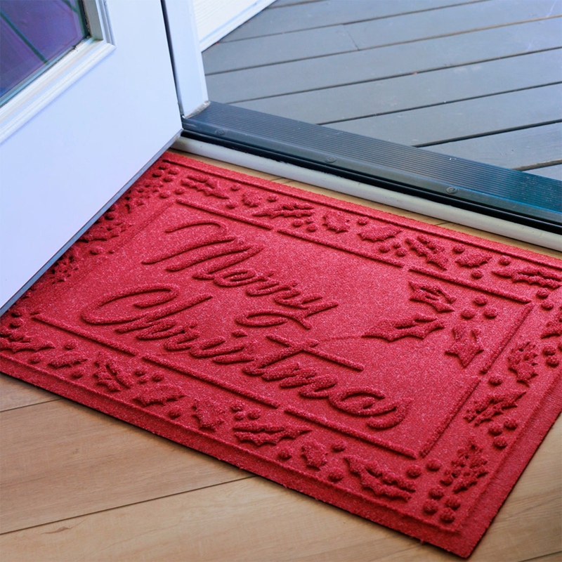 Doormat Embossed Holiday Greeting Holly Border Traditional Red