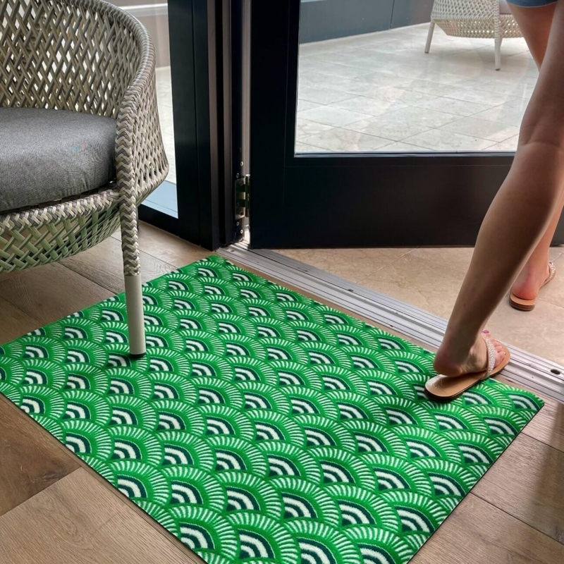 Doormat Emerald Green Scalloped Fan Print Ultra Thin Vibrant Rug